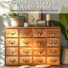 Flexzion Apothecary Cabinet with Drawers - 16 Vintage Apothecary Drawers Desktop Organizer for Home & Office - Wooden Tabletop Library Card Catalog Cabinet Storage for Jewelry, Makeup & Tools, Brown