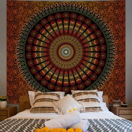 Apdidl Boho Mandala Tapestry for Bedroom, Large Hippie Bohemian Indian Ceiling Wall Tapesries, Floral Peacock Mandala Orange Wall hanging Blanket Aesthetic for Living Room Dorm Beach Decor (51" X 60")