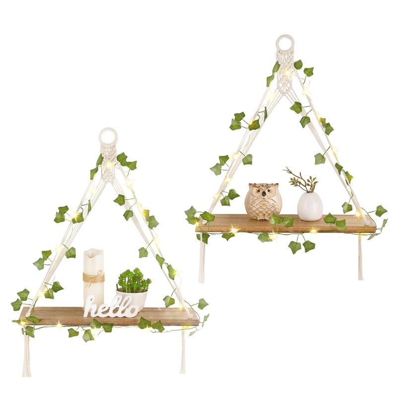 Mkono Artificial Ivy Macrame Hanging Shelves with Lights Set of