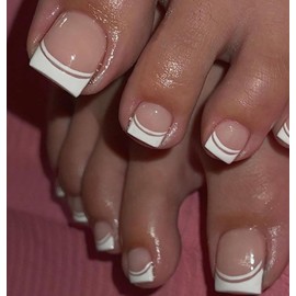 Press on toenails for women, ANYOS short french tip fake toe nails, solid square press on toes nails,24 pcs glue on toe nail press ons with 2 pack 48pcs jelly stickers and 1 glue (nude french 2 lines)