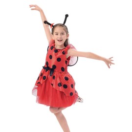 IKALI IKALI Ladybug kostüm kinder mädchen, Marienkäfer Tierischeskleid Ballerina Tutu Rock für Karneval Fasching mit Flügel, Stirnband 7-8 Jahre