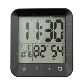 Yariaii Waterproof Shower Clock, Digital Bathroom Kitchen Wall Clock Timer with Temperature, Touch Screen, Suction, Hanging Hole, Battery Operated, Black