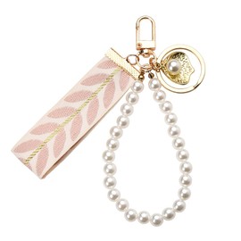 Wrist Lanyard Keychain for Women Wristlet Key Chain Strap Beaded Key Ring Bracelet Cell Phone Wrist Lanyard Pearl Backpack Bag Pendant Charm Key Decorations for Car Keys Bag Accessories for Handbags