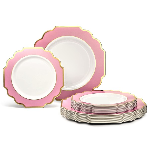 " OCCASIONS " 50 Plates Pack (25 Guests)-Heavyweight Wedding Party Disposable Plastic Plate Set -(25x10.5'' Dinner + 25x8'' Salad/Dessert) (Imperial in Rose Pink & Gold)
