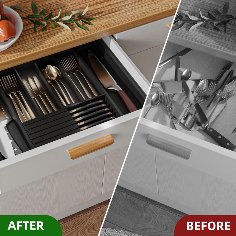 WUSHIZHUHUN Utensil Organizer Silverware Tray for Drawer - Bamboo Knife