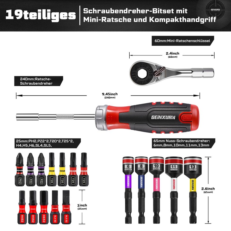 GEINXURN Ratchet Screwdriver and Magnetic Bit Holder, Ergonomic Handle with
