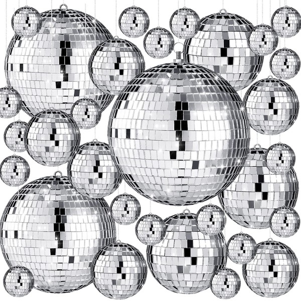 50 Pcs Disco Balls Ornaments Mini Disco Balls Silver Hanging Decorations Reflective Mirror Ball Cake Decoration 70s Disco Party Supplies for Christmas Festive (8'', 6'', 4'', 2.4'', 1.6'')