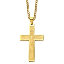 Jewelry Affairs Stainless Steel Polished Yellow Color Lord's Prayer Cross Pendant on a 24" Curb Chain Necklace