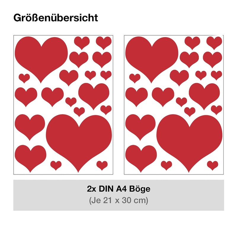 Set of 40 Heart Wall Stickers with Heart Design Red