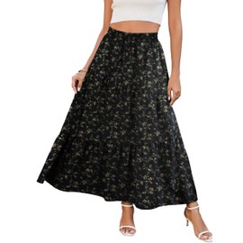 Timuspo Maxi Skirts for Women UK Summer Boho Ruched Elastic Long Pleated Plus Size Skirt Flowy Swing with Pockets Flower Leave Black L