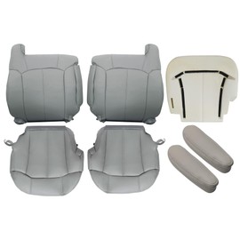 SecosAutoparts Leather Gray 922/92i/122 Driver & Passenger Bottom & Top Lean Back & Armrest Cover & Driver Foam Cushion fit for Chevy Silverado Tahoe Sierra Suburban Avalanche 1999-2002