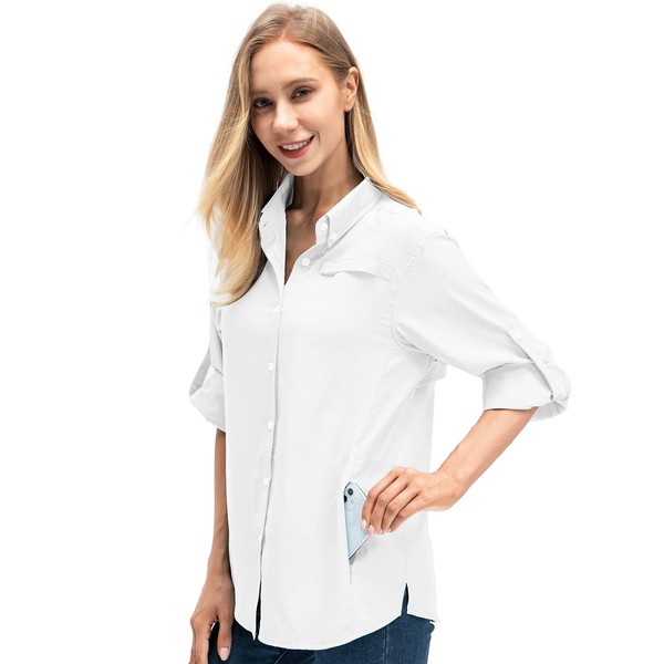 Women's Quick Dry Sun UV Protection Convertible Long Sleeve Shirts for Hiking Camping Fishing Sailing (5024 White XL)