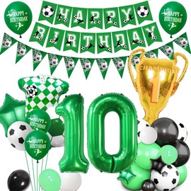 Football 10th Birthday Party Decorations - Green Soccer Theme for Boy Girl Happy Birthday Banner Bunting Decor, Double Digits 10th Number Trophy Football Shirt Foil Balloons Kids Sports Party Supplies