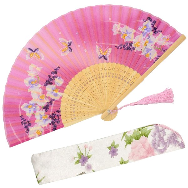 OMyTea Hand Held Silk Folding Fans with Bamboo Frame - with a Fabric Sleeve for Protection for Gifts - 100% Handmade Oriental Chinese/Japanese Vintage Retro Style - for Women Ladys Girls (WZS-24)