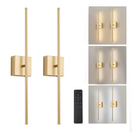 KARTOOSH Removable Battery Operated Wall Sconces with Remote Control, Stepless Colors 3000K-6000K & Dimming, 350°Rotate, LED Gold Wireless Wall Light for Living Room, Bedroom, 32.2 Inch (2 Pack)