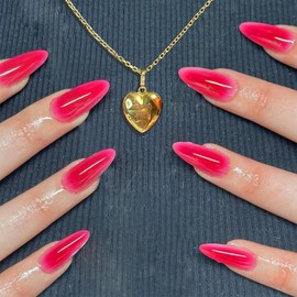 Ombre Press on Nails Medium Almond Shape Gradient Rose Red Glossy Glue on Nails 24 Pcs Kits