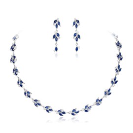 EVER FAITH Wedding Prom Jewelry Set for Bridesmaid, Gorgeous Marquise Cubic Zirconia September Birthstone Cluster Leaf Necklace Drop Earrings Sets for WomenBlue Silver-Tone