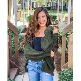 QUALFORT Women's Cardigan Sweater 100% Cotton Button-Down Long Sleeve Oversized Knit Cardigans Green Large