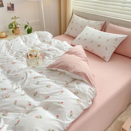 Nayoroom Pink Floral Duvet Cover Queen Size Coquette Tulip Printed on White Reversible Comforter Cover 3Pcs Kids Girls Cottagecore Bedding Set with Zipper Closure Soft Breathable Microfiber