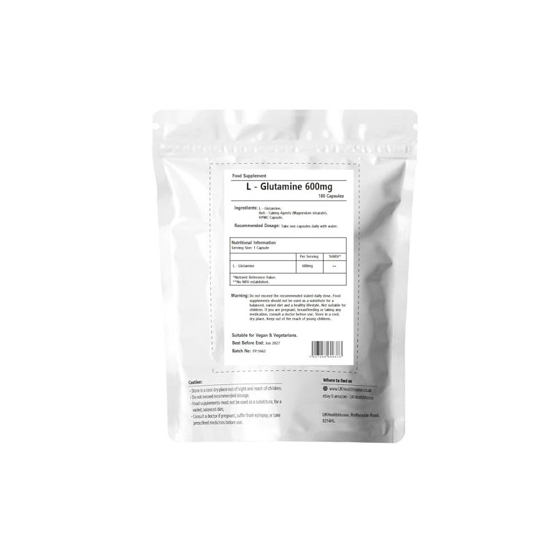 UKHealthHouse L-Glutamine Amino Acids 600mg x 180 Capsules Rapid Release