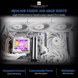Thermalright Mjolnir Vision 360 ARGB White AIO CPU Liquid Cooler,IPS LCD Screen with 320 * 240 Resolution,for AM4/AM5 and LGA1700/1851,’3.5 inch’Magnet-Absorbent LCD Screen for Images
