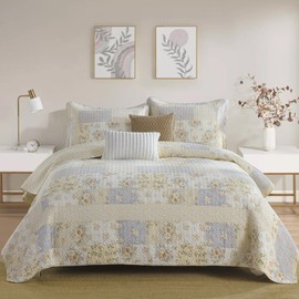 DDUOXIN Oversized King Quilt (120"x120") - 100% Cotton Reversible Quilted Bedspread with 2 Pillow Shams, Farmhouse Floral Lightweight Bedspreads Coverlet Sets, Beige/Brown/Cream White