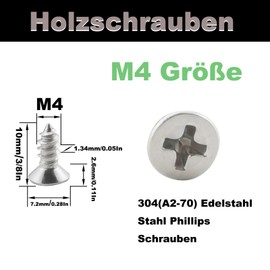 Fajoeda Pack of 120 Phillips Wood Screws M4 x 10 mm Countersunk Head Screws Stainless Steel A2 - V2A Full Thread with Countersunk Head Self-Tapping Screws (10 mm to 30 mm Available)