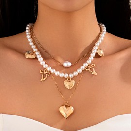 Chunky Gold Necklace for Women,Layered Statement Choker Irregular Baroque Pearl/Heart/Flower Pendant Y2k Charm Jewelry Accessories (F)