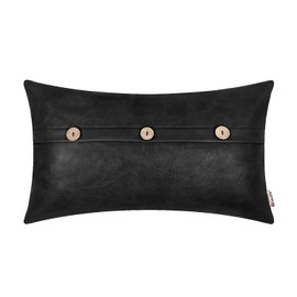 BRAWARM Leather Throw Pillow Covers 12 X 20 Inches, Black Faux Leather Pillow Cover with Triple Button, Farmhouse Decorative Leather Pillows for Couch Sofa Bed Home Garden