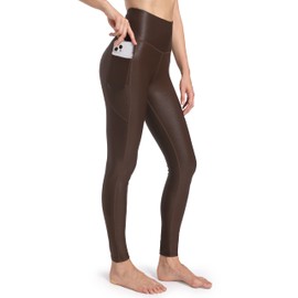 HARTPOR Womens Faux Leather Leggings Pants Stretch High Waisted Yoga Pants Pleather Pants with Pockets, Brown L