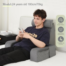 Vekkia Reading Pillow,Back Pillow for Bed Sitting Up Adult,Backrest Support Pillow with Arm and Large Pockets,Rest Chair for Reading,Gaming,Relaxing,Working or Watching TV in Bed&Floor-19in Grey
