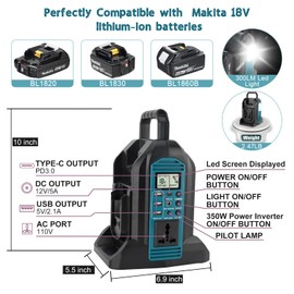 350W Power Inverter for Makita 18V LXT Li-ion Battery,2-Port Supply Inverter Generators Converter DC 20V to AC 110V ~120V with LED Light,3 USB-A,1 Type-C,1DC Port, for Outdoor Travel Camping