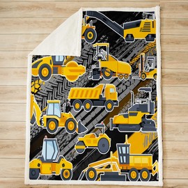 Homewish Equipment Trucks Throw Blanket Digger Duvet Yellow Vehicle Plush Blanket for Kids Boys Teenagers Construction Tractor Construction Site Car Fuzzy Blanket for Bedroom Decoration, 130 x 150 cm