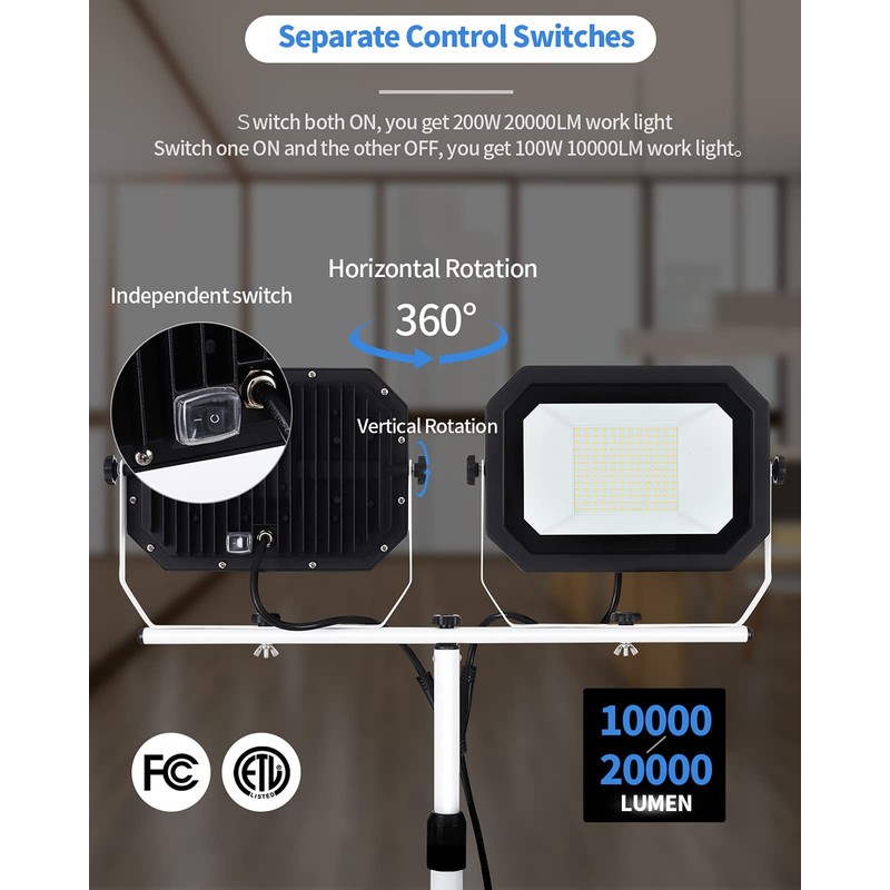 UFOND 20000 Lumen Work Lights with Stand, 200W Dual Head