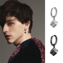 Dice Hoop Earrings for Men Women Cool Silver Black 3D Stainless Steel Dice Dangle Drop Huggie Hoops Earring Hip Hop Cube Earrings Gambling Casino Jewelry Gift (Dice Hoop Earrings)