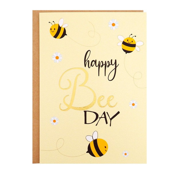 Birthday Card - Single Happy Bee Day Birthday Greeting Card For Bee Themed Party - Gold Foil Bees and Lettering on Yellow Textured Paper with Kraft Envelope - 5" x 7" - Blank Inside