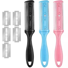 5 Pcs 추가 면도기 헤어 커터 빗 듀얼 사이드 커팅 가위 엷게하는 더블 에지 [Pink] 5 Pcs Additional Razor Hair Cutter Comb Dual Side Cutting Scissors Thinning Double Edge [Pink]