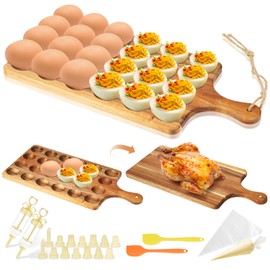 Reversible Wood Deviled Egg Platter Charcuterie Board, 24 Slots Deviled Egg Tray with Injector Piping Tool Silicone Spatula Piping Bag for Easter Party Essentials (12.9''x7.6''x0.5''. 24 Slots)