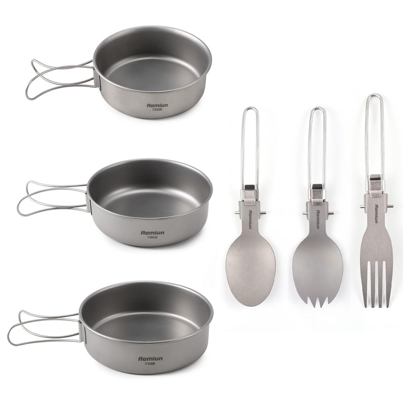 Aomiun Camping Utensil Set 3 Bowls Spoon Fork Combo Titanium