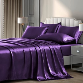 P Pothuiny 6 Pieces King Satin Sheets Luxury Silky Purple Satin Bedding Sheet Set, 1 Deep Pocket Fitted Sheet + 1 Flat Sheet + 4 Pillow Cases