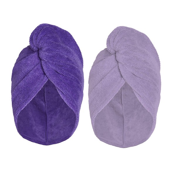 Turbie Twist Super Absorbent Microfiber Hair Towel - Hands Free Hair Drying Towel - 2 Pack (Light Purple, Dark Purple)