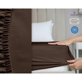 BEAUTEX Fitted Sheet Made of Cotton, Premium Jersey Fabric 160 g/m², Choice of Size and Colour (Standard - 140 x 200 x 30 cm, Dark Brown)