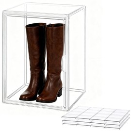 VGLXTRNT XXX-Large Clear Display Case with 3 Adjustable Dividers 15.7"X11.8"X9.8" Extra Large Boot Shoe Storage Box with Magnetic Door Stackable Organizer for Figures, Collectibles