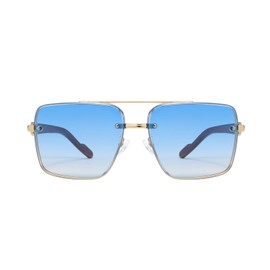 LJCZKA Vintage Piolt Style Metal Frame Sunglasses for Men Retro Square Wood Grain Legs Sun Glasses UV400 Protection for Driving Travel (GoldBlue)