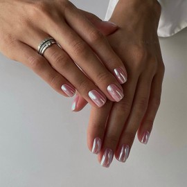 SXVME Acrylic Press on Nails Short Square, Glazed Mauve Pink Fake Nails with Design, Sparkle Chrome Nails Press ons Short Coffin, Handmade Soft Gel Glue on Nails for Holiday Nail Art in 24 Pcs