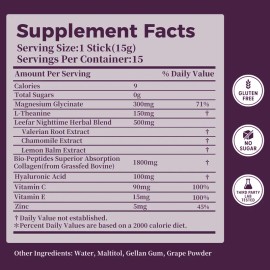 Sleep & Beauty Collagen Jelly Stick Packs 1800mg Collagen Peptides Nighttime Formula with Magnesium Glycinate L Theanine Hyaluronic Acid Skin Hair Nail Support Grape Flavor 15 Count