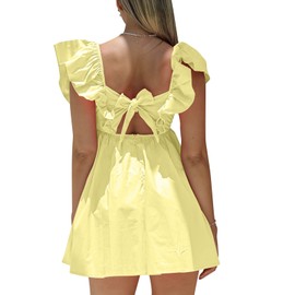 hibshaby Sexy Deep V Neck Ruffle Sleeve Mini Backless Lace Up Babydoll Summer Short Dress Yellow S