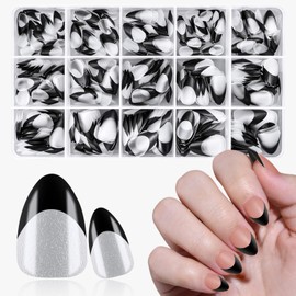 Bellelfin 300PCS Almond Nail Tips Black French Tip Press on Nails Short Fake Nails Press ons, Soft Gel Nail Tips Almond Clear Nails, Matte French Tip Nails for Nail Extensions