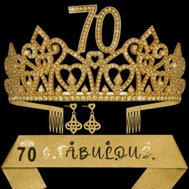 HnoonZ 70th Birthday,70th Birthday Tiara and Sash,70th Birthday Crown,70 & Fabulous Sash,70th Birthday Decoration,Birthday Gift for 70 Year Old Woman,70th Birthday Supplies,70th Birthday Party Favors