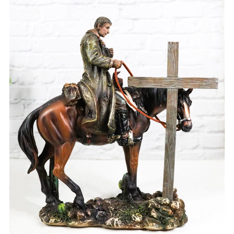 Western Cowboy in Solemn Prayer On Horse By Faded Cross